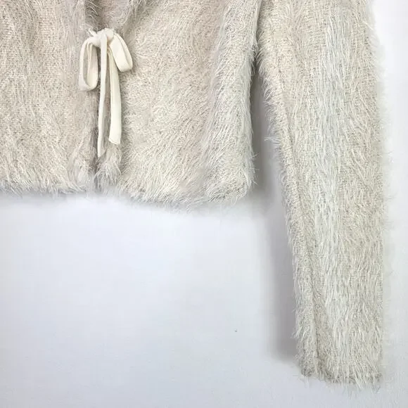 Free People Mina Fuzzy Sequin Tie Front Cardigan Cream Ivory Size Large - Picture 3 of 9